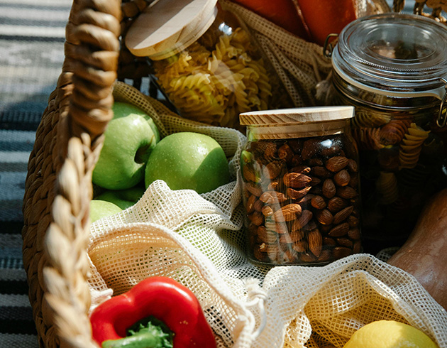 Products Image-sm Fruit, vegetables and nuts in a basket, products available from Pearl Coast Distributors